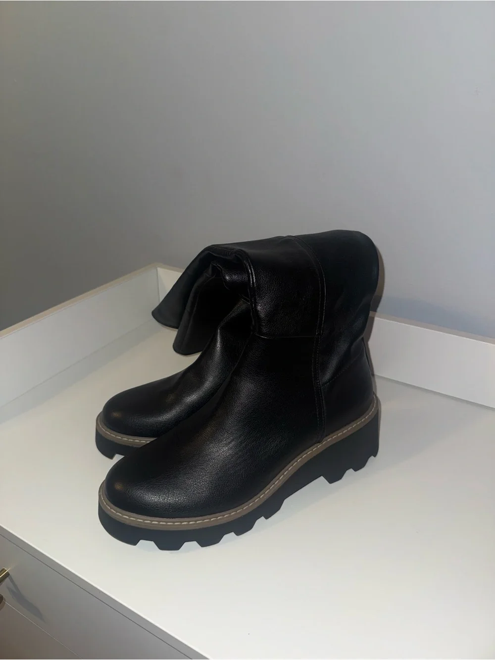 NWOT Dolce Vita Black Over-the-Knee Leather Boots with Tan Welt